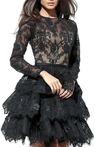 Jiayu Jewel Neck Short Tiers Puffy Homecoming Dress With Long Sleeve Black US 12