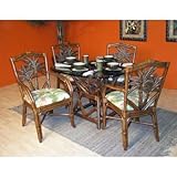 Cancun Palm 5 Piece Indoor Rattan Dining Set with Arm Chairs in TC Antique Finish Fabric: Seaworthy Coral Red