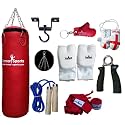 Vinyl Red Punch Bag Sets 3 feet with Free Chrome Plated chain, Bag Mitts, Heavy dute Metal Ceiling Hook, Nylon Skipping Rope Blue, Boxing Glove UK Flagged Miniature and novelty, Boxing Gloves Key Chain Red and Red Hand Wraps
