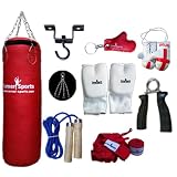 Vinyl Red Punch Bags Set 4 feet with Free Chrome Plated chain, Bag Mitts, Heavy dute Metal Ceiling Hook, Nylon Skipping Rope Blue, Boxing Glove UK Flagged Miniature and novelty, Boxing Gloves Key Chain Red and Red Hand Wraps