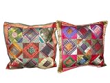 2 Orange Pink Tribal India Vintage Sari Toss Pillow Cushion Covers