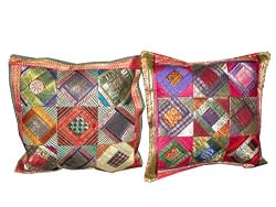 2 Orange Pink Tribal India Vintage Sari Toss Pillow Cushion Covers