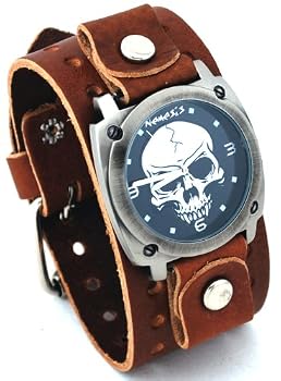 Nemesis #BR926K Men's Gun Metal Skull Dial Wide Leather Cuff Band Watch