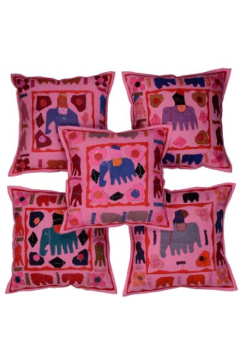 Imagen principal de Patch tradicional elefante indio y Jogi Tamaño bordado Cojín de algodón cubierta de 16 x 16 pulgadas Juego de 5 piezas