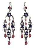 Michal Negrin Silver Coated Earrings Made With Purple, Burgundy Swarovski Crystals, Glass Beads And Hand Painted Brass Flowers – Special Ordered and Shipped within 2 to 3 Weeks