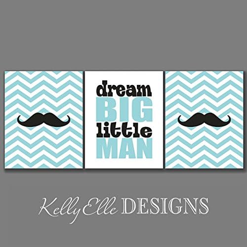 Dream Big Little Man Mustache Wall Art Prints for Nursery / Boy's Room - Set of Three Prints including two mustache silhouettes and a typography print. Choose your colors