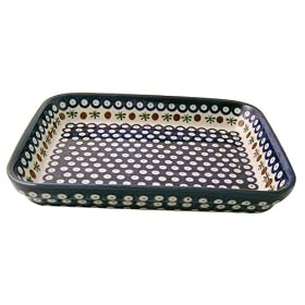 Bunzlauer Polish Pottery 370-41A Rectangular Baker, Blue with White/Terra Cotta