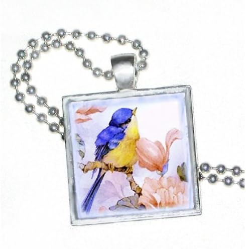 Blue Bird on Magnolia Post Card on Square Silver Plated Pendent with 24" Silver Plated Ball Chain - Made in the USA