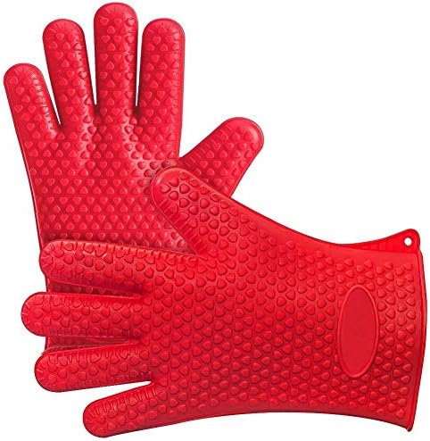 MIYI Heat Resistant Grilling Silicone BBQ Gloves for Cooking, Baking, Smoking, Grilling and Potholder Perfect for Handling All High Temperature Foods - a Pair (Red)