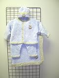 Cpk3bk, Knitted on Hand Knitting Machine Then Finished By Hand Crochet Infant Boys Outfit, Containing Blue Chenille with Beige Chenille Trim Cardigan Sweater, Pant Hat and Matching Blanket Set .