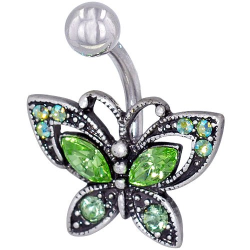 Green Crystal Filigree Butterfly Dangle Belly Ring