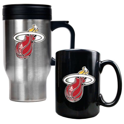 Miami Heat NBA Stainless Steel Travel Mug & Black Ceramic Mug Set - Primary Logo