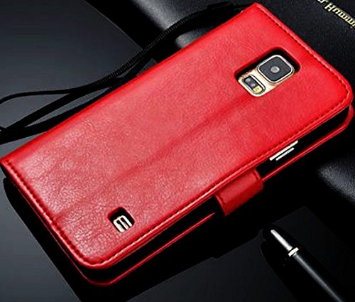 myLife Lava Red - Classic Design - Koskin Faux Leather (Card, Cash and ID Holder + Magnetic Detachable Closing + Hand Strap) Slim Wallet for NEW Galaxy S5 (5G) Smartphone by Samsung (External Rugged Synthetic Leather With Magnetic Clip + Internal Secure Snap In Hard Rubberized Bumper Holder)