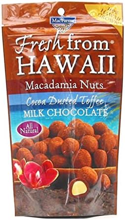 Cocoa Dusted Toffee Milk Chocolate Macadamia Nuts MacFarms 6 Oz. Bag