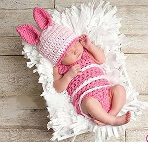 Jastore® Photography Prop Baby Costume Pink Rabbit Crochet Knitted Hat Diaper