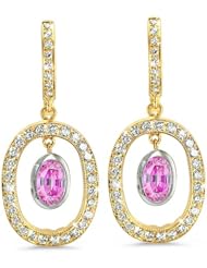 Duo Oval, Vintage Diamond Earrings In 18K Yellow Gold With A 1.00 ct. Genuine pink-sapphire Center Stone.