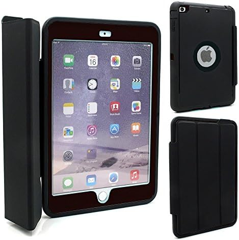 Black Hybrid Impact Defender Rugged Hard Case Flip Case with Tri-fold Smart Cover For Apple iPad Mini 1 ,iPad Mini 2,iPad Mini 3,iPad Mini 1/2/3,Screen Protector Built-in