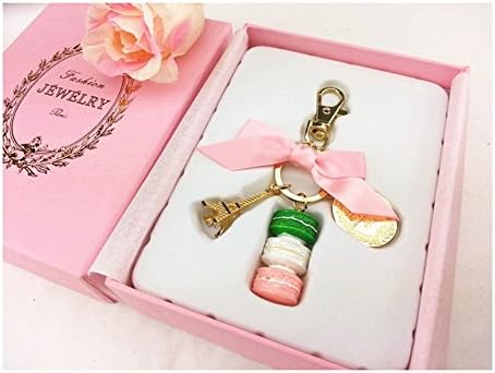 HUATIAN Birthday Gift Cake Keychain With Box France Paris LADUREE Effiel Tower Macarons Ribbon Keyrings Bag Charm Accessories (pink)