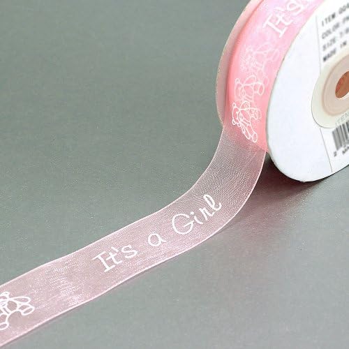 "It's a Girl / It's a Boy" Letter With Bear Printed Sheer Organza Ribbons 7/8" (spool of 25 yards) Pink