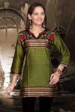 Green Art Silk Kurti with embroidered neckline and lace work