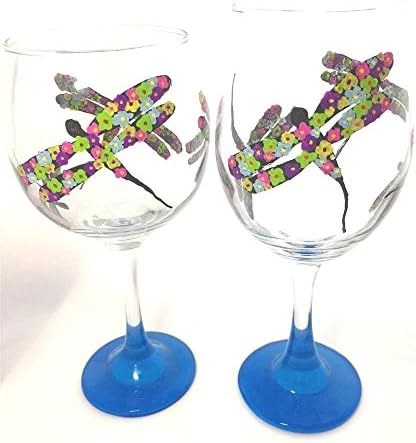Hand Painted Rainbow Dragonfly Red or White Wine Glass