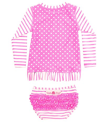 RuffleButts® Little Girls Hot Pink Striped Polka LS Rash Guard Bikini