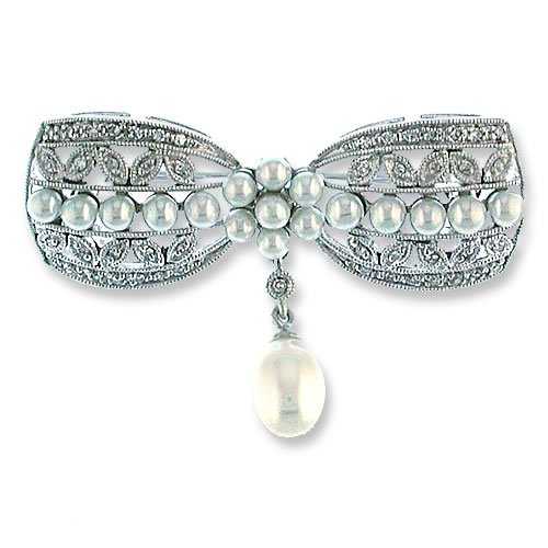 14K White Gold Diamond & Pearl Bow Pin