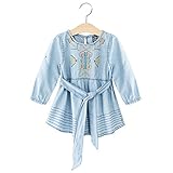 AutoLover® 刺繍 ガールズデニムドレス 通気性 ラウンドネック ロングスリーブ 110