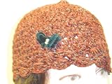 Cp122bbfy, Hand Crocheted Brown Chenille Gimp Skull Cap with Rhinestone Studded Black Color Velvet Butterfly for Women and Teens.. Closed Knit Suitable to Wear in Cold Weather