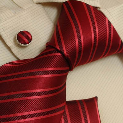 Red Silk Ties Cufflink Handkerchiefs for Men Stripes Silk Ties Set By Y&g H5051