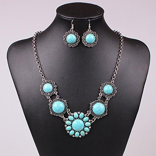 JEWHOTFAS Hot Sale New Exaggerated Luxury Vintage Retro Tibetan Silver Turquoise Round Flower Pendant Chokers Necklace Earring Set