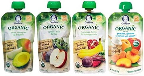 Gerber Organic Third Foods Baby Food 4 Pouch Flavor Sampler Bundle: (1) Gerber Organic Apples, Kale & Figs, (1) Gerber Organic Peaches, Apricots & Carrots with Yogurt, (1) Gerber Organic Bananas, Beets & Pomegranate, and (1) Gerber Organic Pears, Mangoes & Avocado, 4.23 Oz. Ea. (4 Pouches Total)