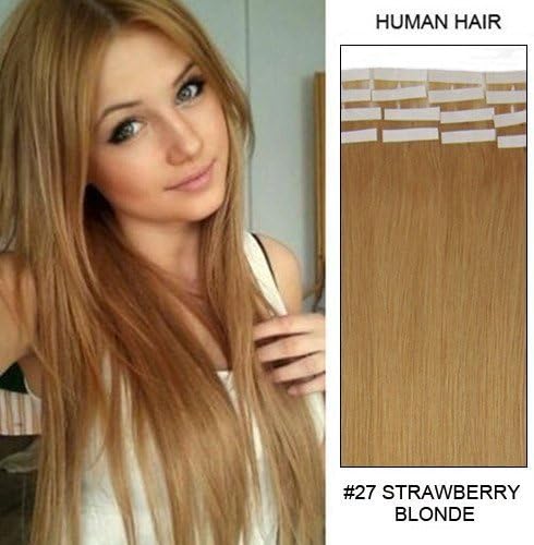 Hairup valentine day gifts 16 Inches Indian Remy Human Hair Extension tape in women beauty style hair pieces for full head Strawberry Blonde(#27) straight Full Head Set 30g 20PCS by Hairup