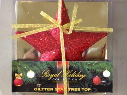 (1 Piece) Glitter Star Christmas Tree Topper 7.5" in Acetate Box with Ribbon - Red