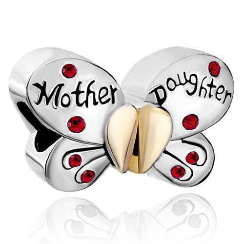 Pugster Separable Butterfly Mother Daughter Red Crystal Heart Love Mom Charm Beads Fit Pandora Charm Bead Bracelet Picture