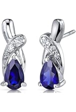 Created Blue Sapphire Earrings Sterling Silver Tear Drop CZ Accent