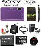 Sony DSC-TX66 Digital Camera (Violet) + Battery + 16GB Card + Travel Charger + Cleaning kit + Mini Tripod + Case + Card Reader