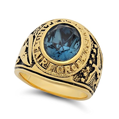 Men's Thick Yellow Gold Layered Blue Oval-Cut CZ US Air Force Ring