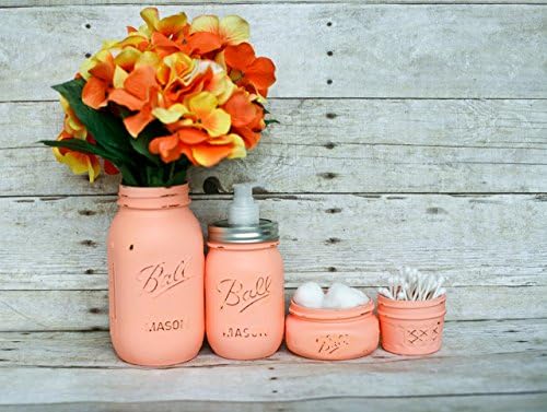 4 Piece Painted Distressed Mason Jars Bathroom Set -Light Coral - Bathroom Organizer-