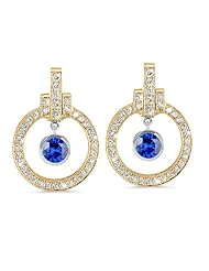 Round Diamond Earrings With Bow Embellishments In 18K White Gold With A 0.95 ct. Genuine Blue Sapphire Center Stone.