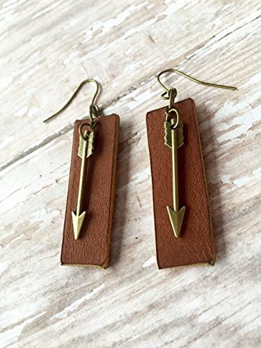 Brown Leather Dangle Earrings with Antique Bronze Metal Arrow Charms