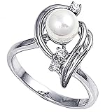 Rhodium Plated Sterling Silver Wedding & Engagement Ring Clear CZ, Pearl Pearl Ring MM ( Size 5 to 9)