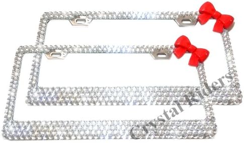 PAIR OF 2 front and back/rear Bling License Plate Frame red Bow with 500 Crystals Clear Metal Holder Sparkly Sparkle Custom Hand Made Hand Crafted 2 SET TWO