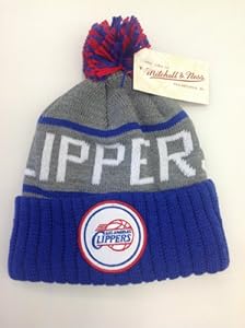 MITCHELL & NESS CUFFED KNIT POM BEANIE STRIPE LOGO NBA LOS ANGELES CLIPPER