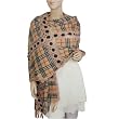 100% Wool Plaid Handmade Flower Stitch Tassel Ends Large Scarf Shawl - Tan