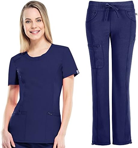 Infinity by Cherokee Womens 2624A Round Neck Top with badge loop &amp; 1123A Straight Leg Low Rise Comfort Pant Medical Uniform Scrub Set Top &amp; Pants + FREE GIFT (Navy - X-Large)