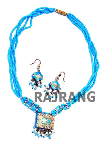 Unique Women Fashion Wear Indian Rajrang Handmade Bellydance Costume Blue Beads Imitation Bridal Wedding Fashion Lakh / Lac Kundan Jewelry Jewellery Earrings Necklace