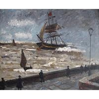 20X24 inch Oil Painting The Jetty of le Havre in Bad Weather