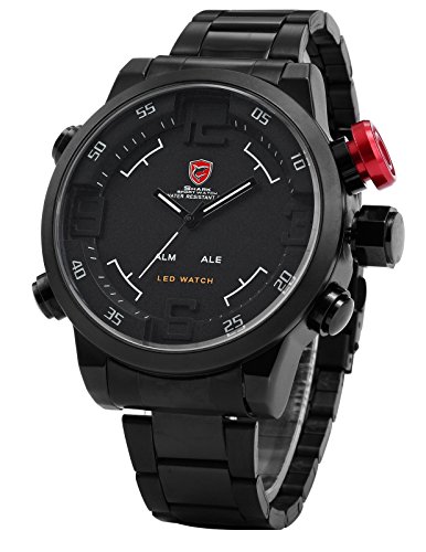 SHARK Mens LED Digital Date Day Sport Black Stainless Steel Alarm Quartz Wrist Watch SH108