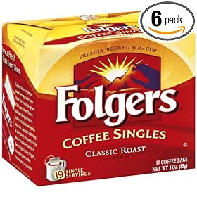 Folgers Classic Roast Coffee Singles, 19-Count Single Servings (Pack of 6)